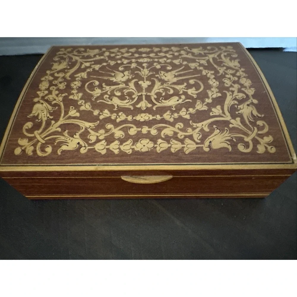 Vintage Wood Jewelry Box Bird and Angel Design Marquetry Inlay